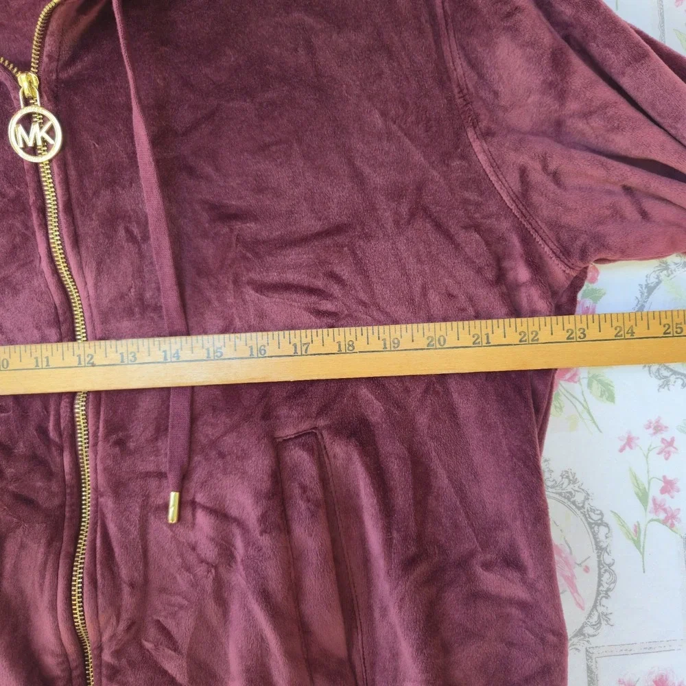 Michael Kors Women Velour Velvet Full Zip Hoodie Jacket Burgundy Wine Medium